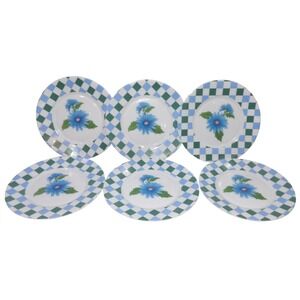 Arcopal France Harlequin Blue Floral Checkered Dinner Plates Set of 6 Vintage
